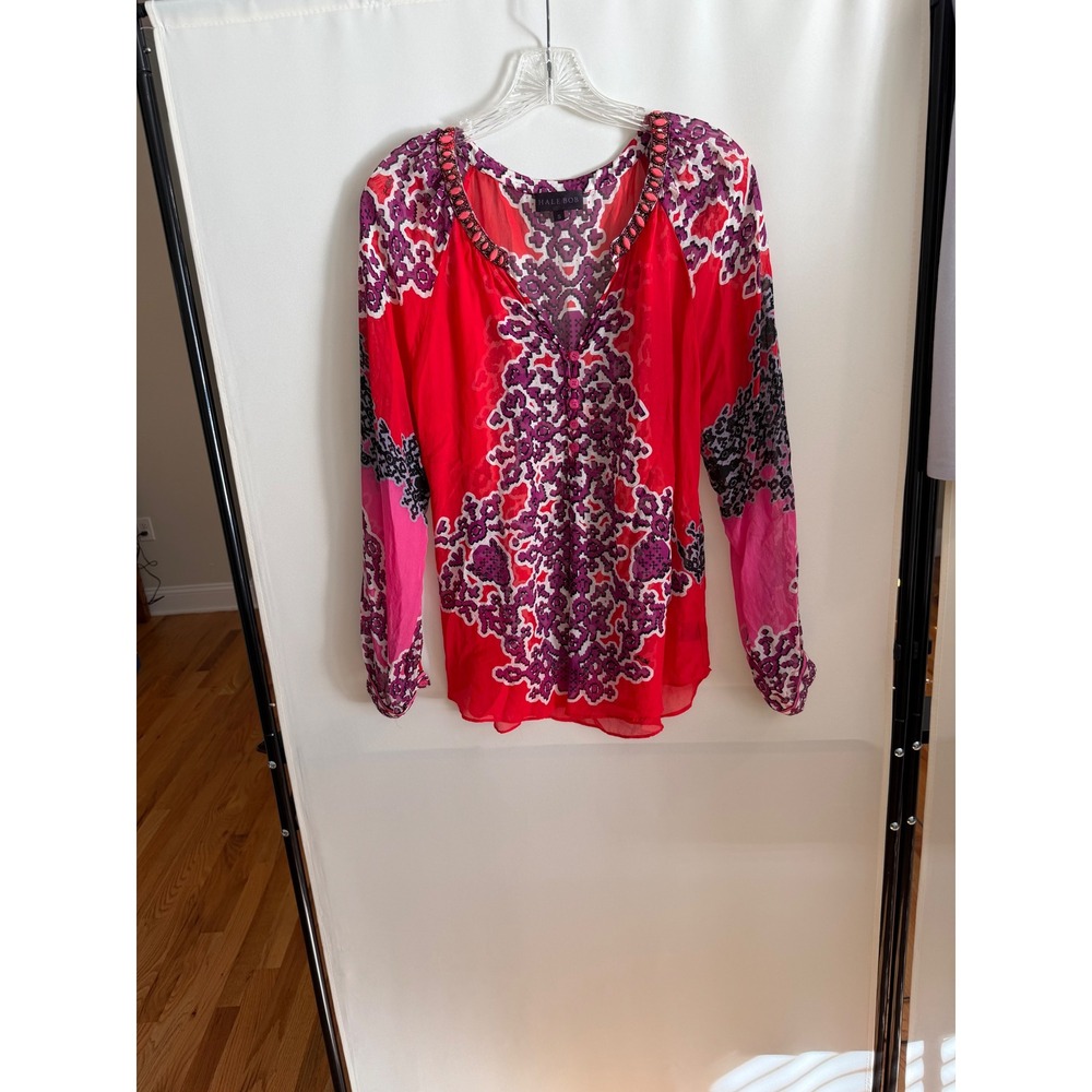 Hale Bob Red Pink Purple Beaded Silk Medallion Print Blouse Small